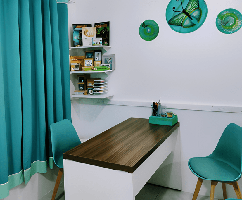 Uma sala com uma mesa de madeira escura e duas cadeiras verdes, com cortinas verdes na parede atrás da mesa. Há uma prateleira de madeira na parede à direita com diversos objetos coloridos, e três círculos com borboletas azuis em um círculo verde na parede à esquerda.